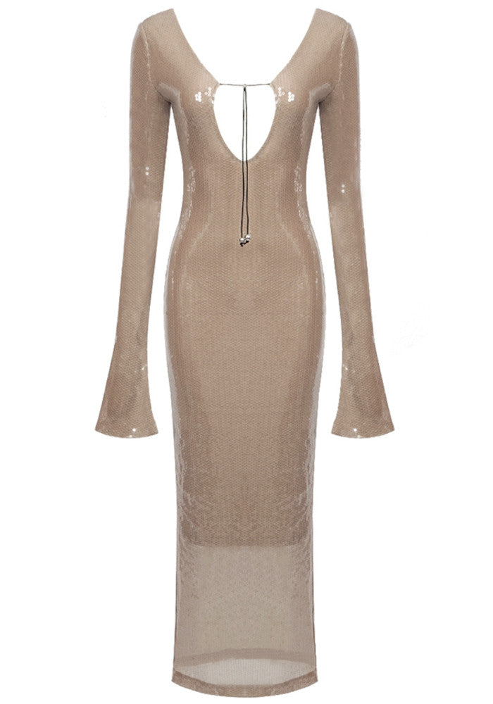 Long Sleeve Sequin Backless Midi Dress Nude