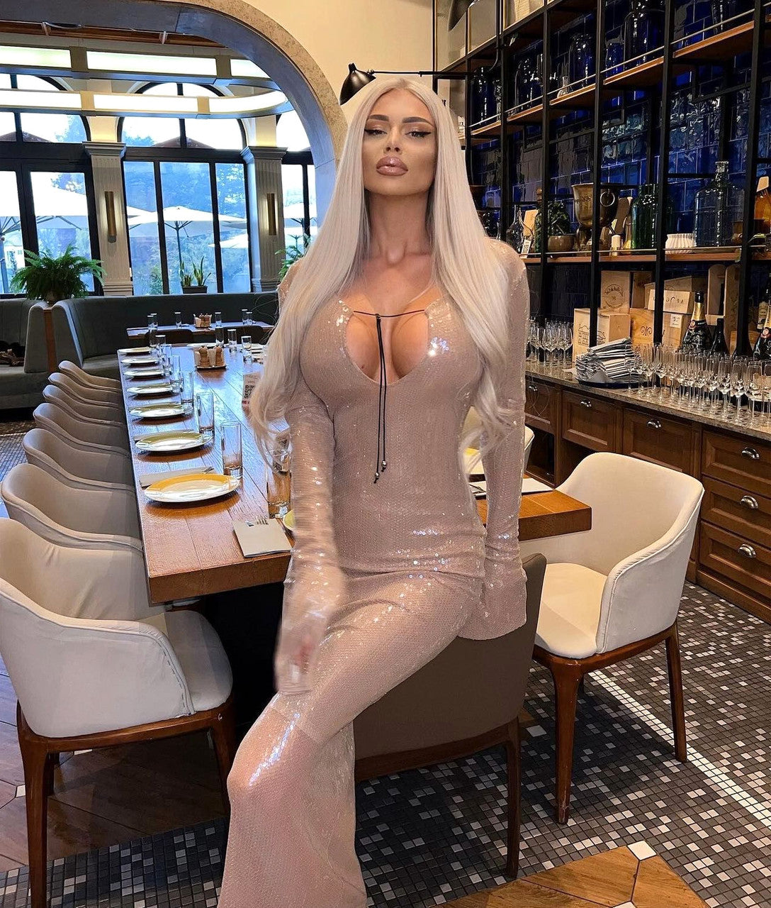 Long Sleeve Sequin Backless Midi Dress Nude