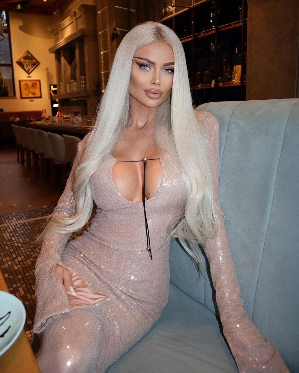 Long Sleeve Sequin Backless Midi Dress Nude