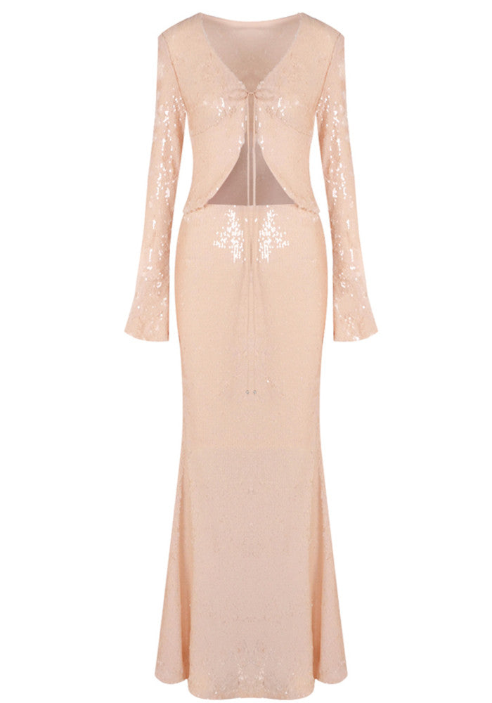 Long Sleeve Sequin Two Piece Maxi Dress Peach