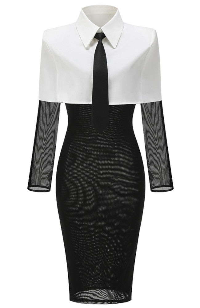 Long Sleeve Shirt Midi Dress Black White