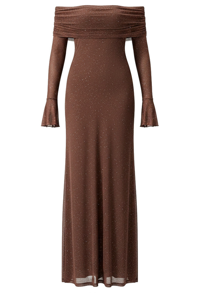 Long Sleeve Sparkly Bardot Maxi Dress Brown