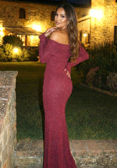Long Sleeve Sparkly Bardot Maxi Dress Burgundy