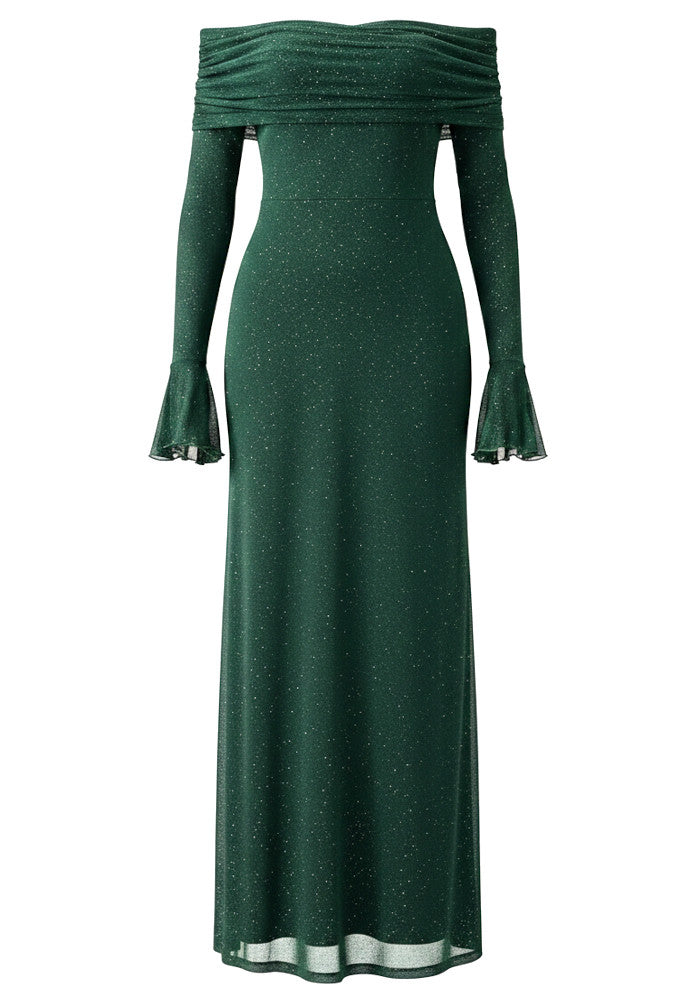 Long Sleeve Sparkly Bardot Maxi Dress Green