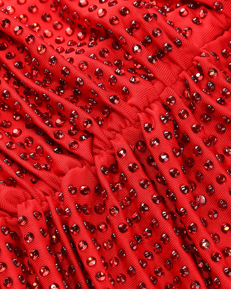Long Sleeve Sparkly Draped Maxi Dress Red