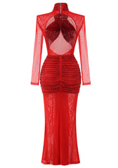 Long Sleeve Sparkly Draped Maxi Dress Red