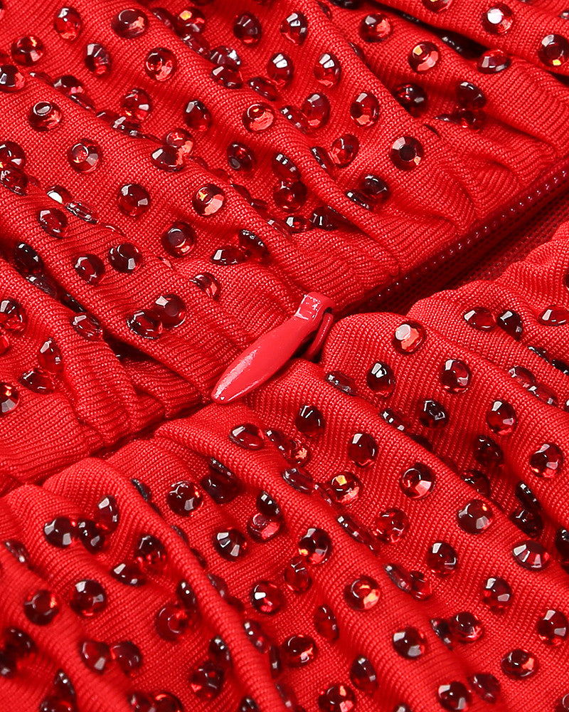 Long Sleeve Sparkly Draped Maxi Dress Red