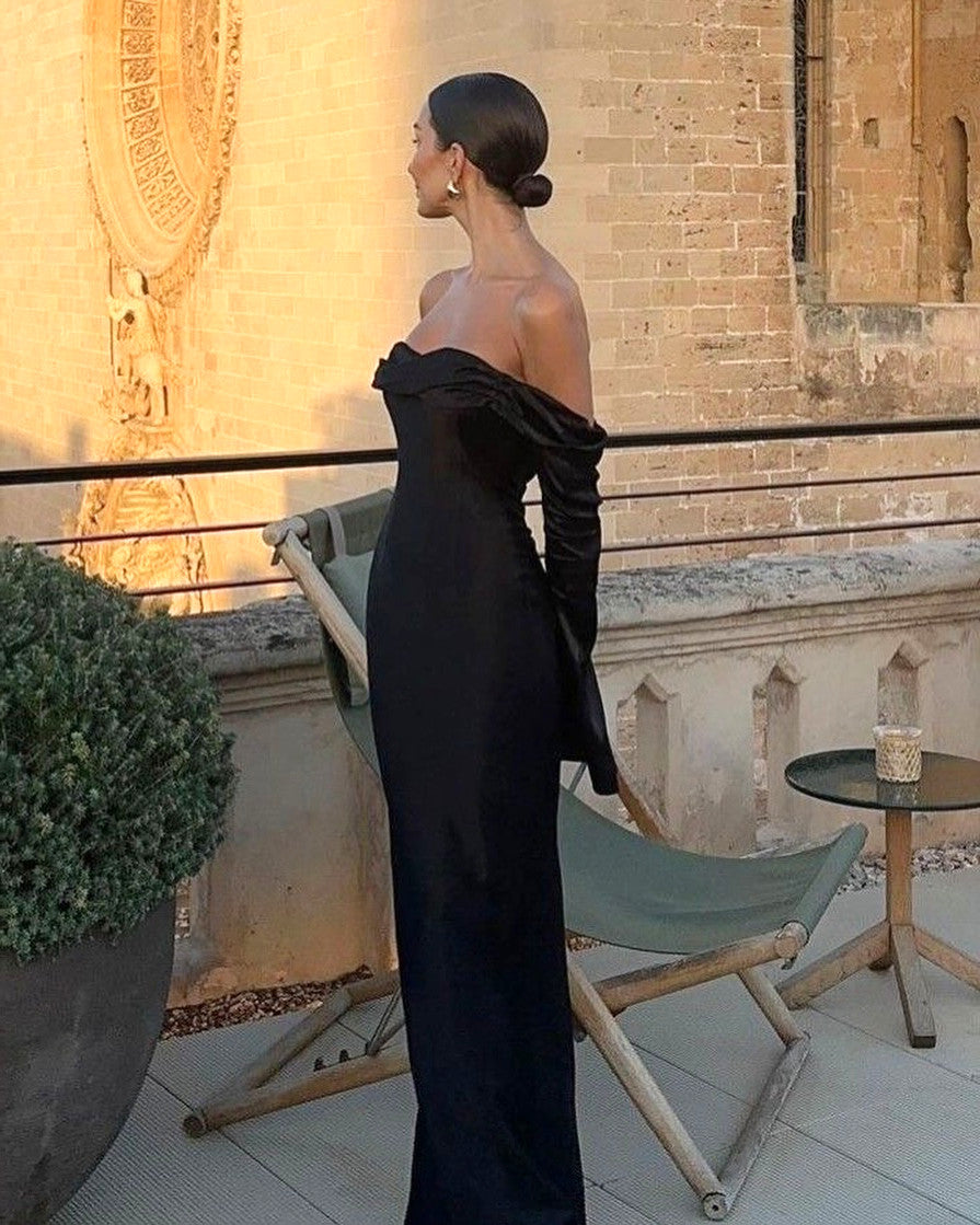 Long Sleeve Strapless Draped Maxi Dress Black
