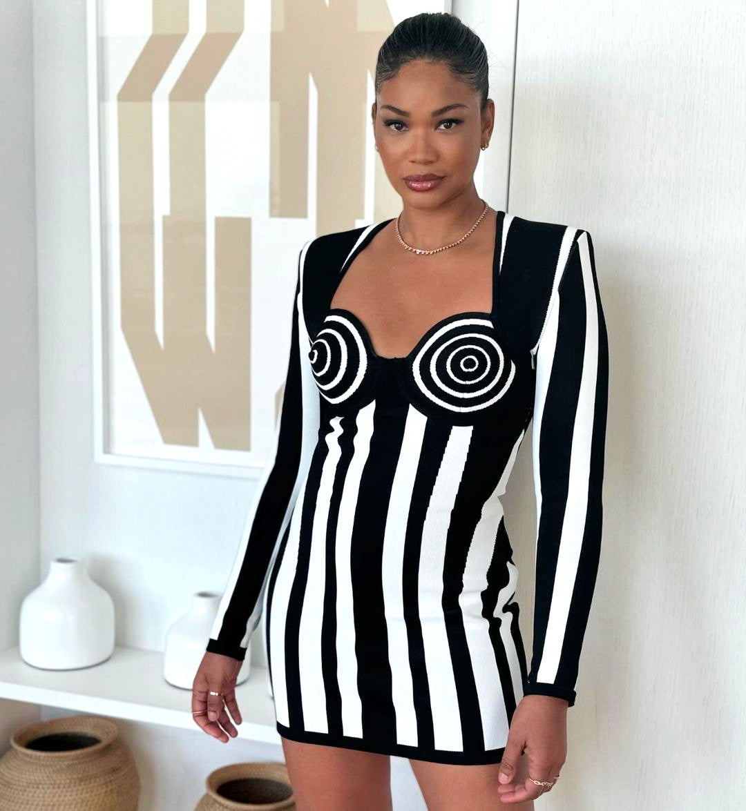 Long Sleeve Bustier Striped Dress Black White