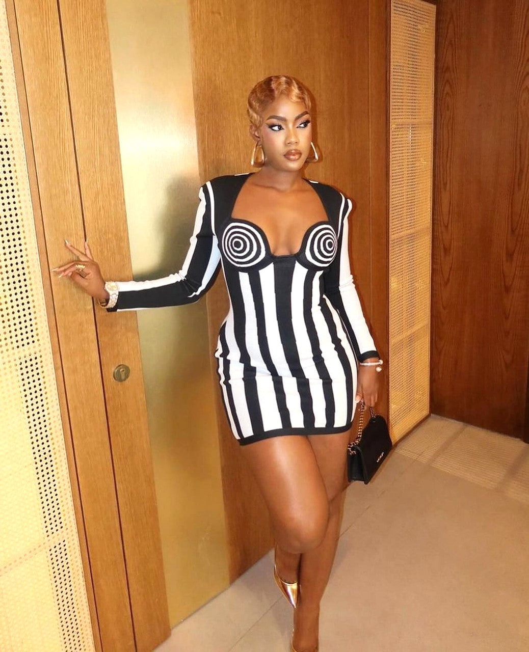 Long Sleeve Bustier Striped Dress Black White
