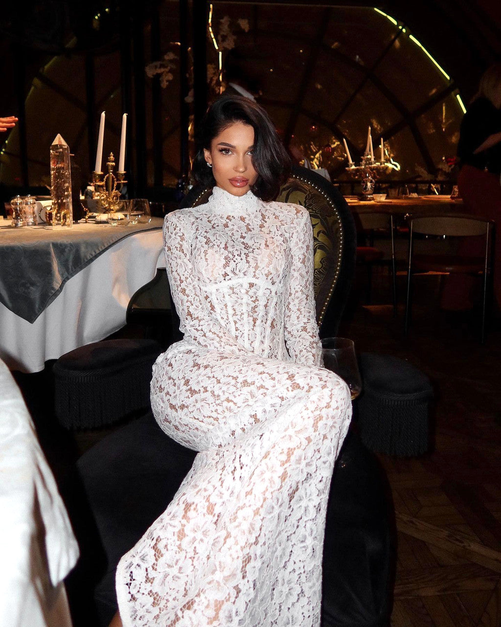 Long Sleeve Structured Lace Maxi Dress White