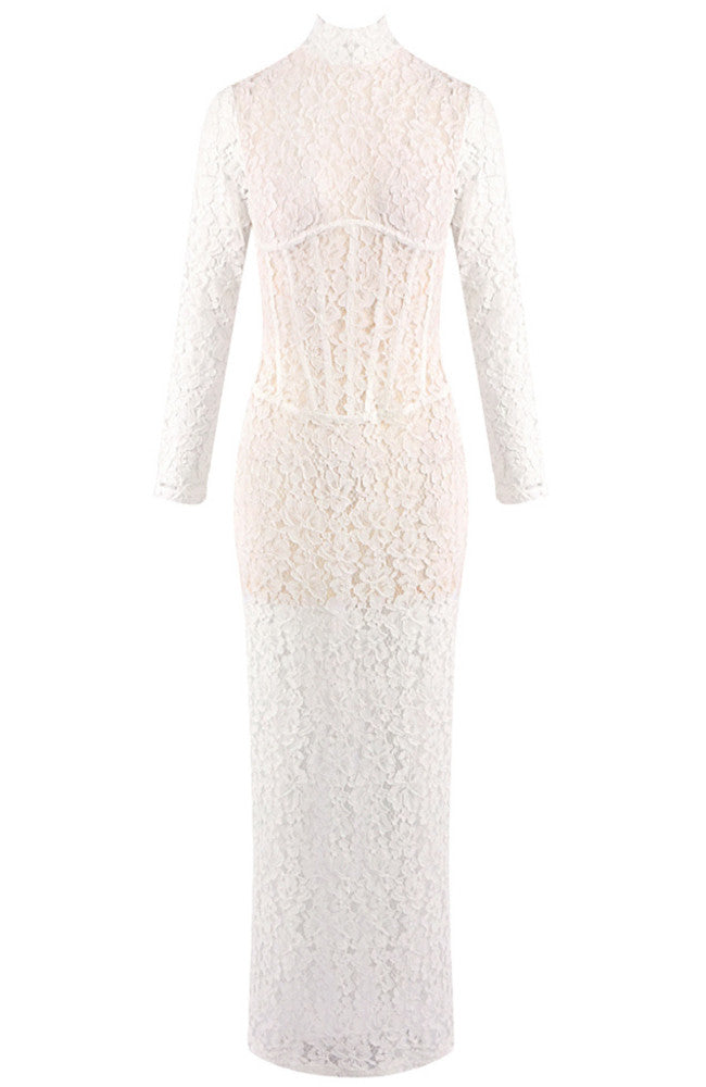 Long Sleeve Structured Lace Maxi Dress White