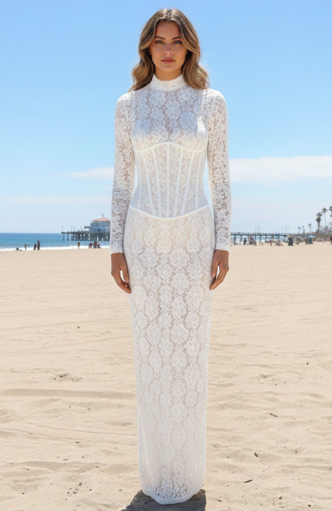 Long Sleeve Structured Lace Maxi Dress White