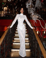 Long Sleeve Structured Lace Maxi Dress White