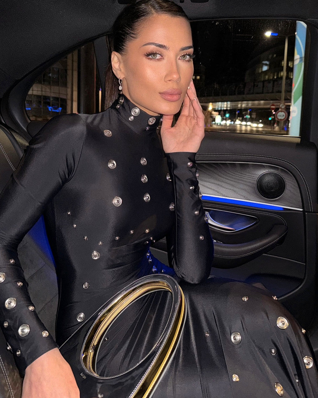 Long Sleeve Studded Maxi Dress Black