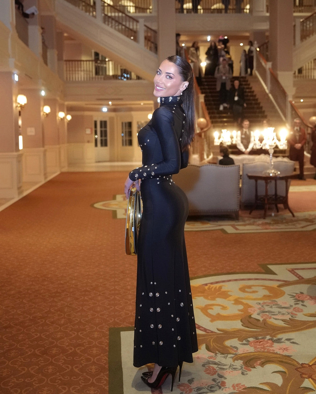 Long Sleeve Studded Maxi Dress Black