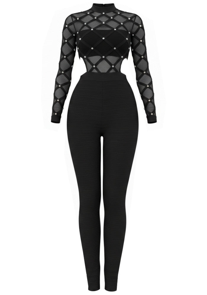 Long Sleeve Studded Mesh Detail Jumpsuit Black