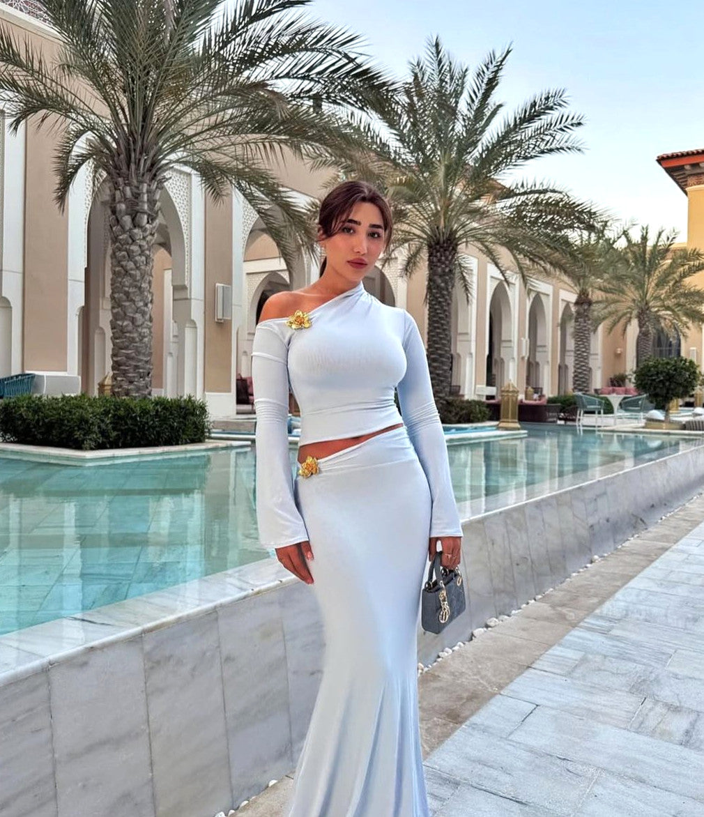 Long Sleeve Bardot Two Piece Maxi Dress Blue