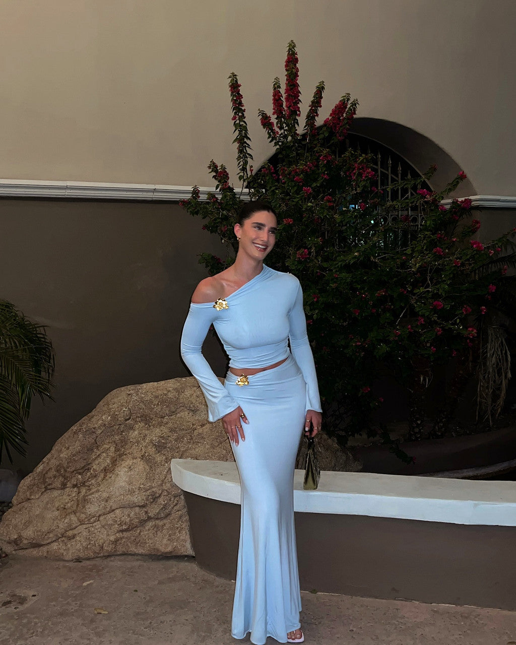 Long Sleeve Bardot Two Piece Maxi Dress Blue