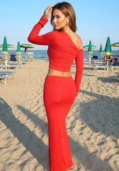 Long Sleeve Bardot Two Piece Maxi Dress Red