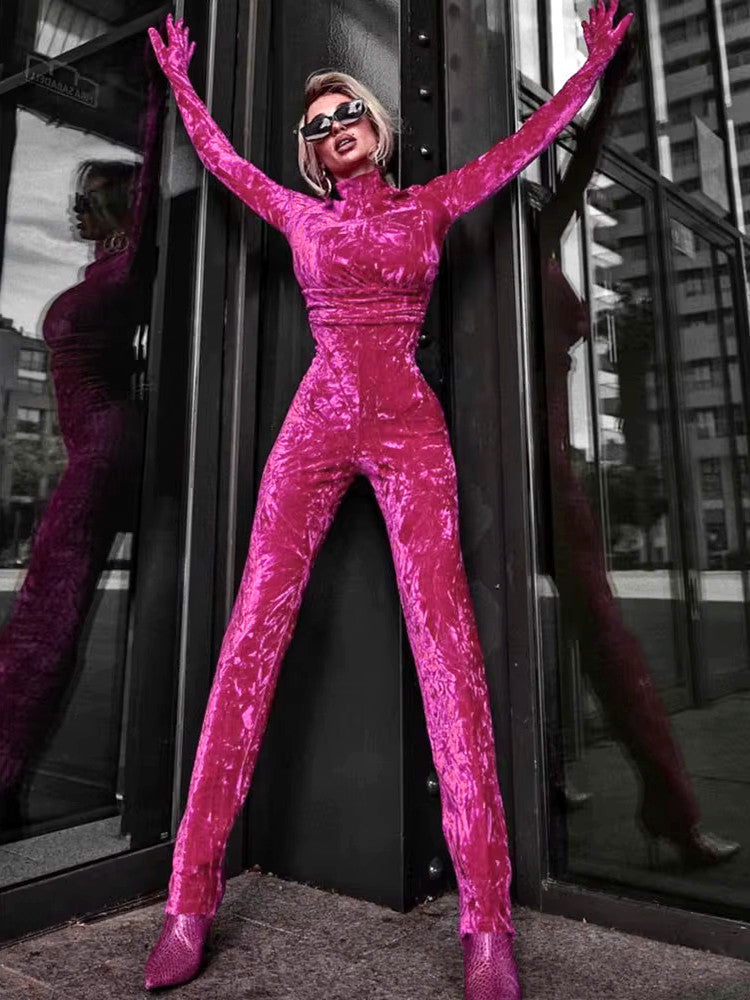 Long Sleeve Velvet Jumpsuit Hot Pink