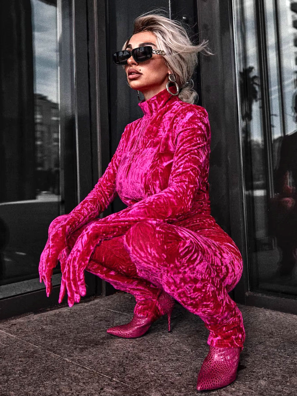 Long Sleeve Velvet Jumpsuit Hot Pink