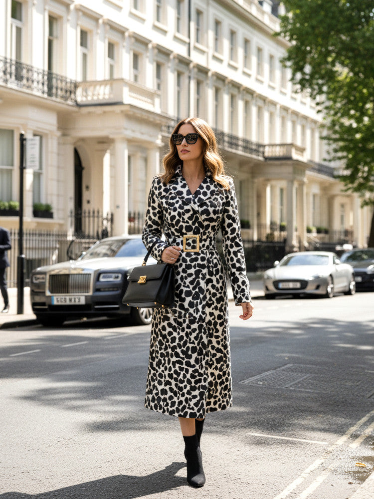 Animal Print Trench Coat Black White