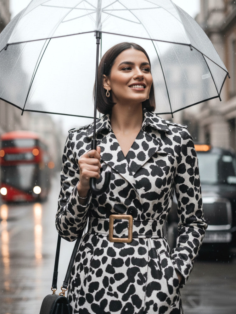 Animal Print Trench Coat Black White