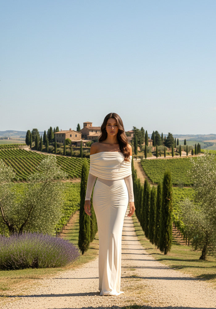 Long Sleeve Draped Bardot Maxi Dress Ivory