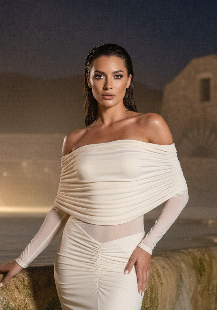Long Sleeve Draped Bardot Maxi Dress Ivory