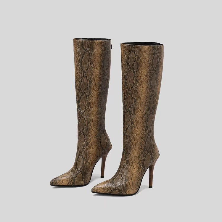 Luxury Animal Print Pointy Toe with Zipper Thin High Heels Knee High Long Boots