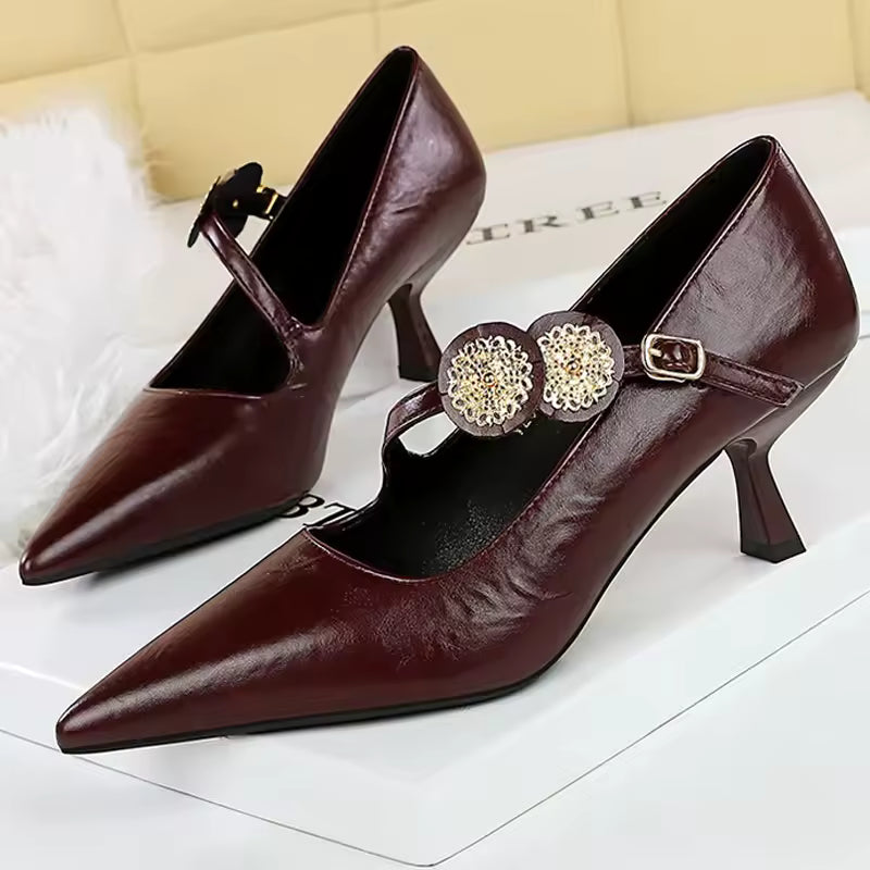 Banquet Buckle Strap Metal Decoration Kitten High Heels Pumps