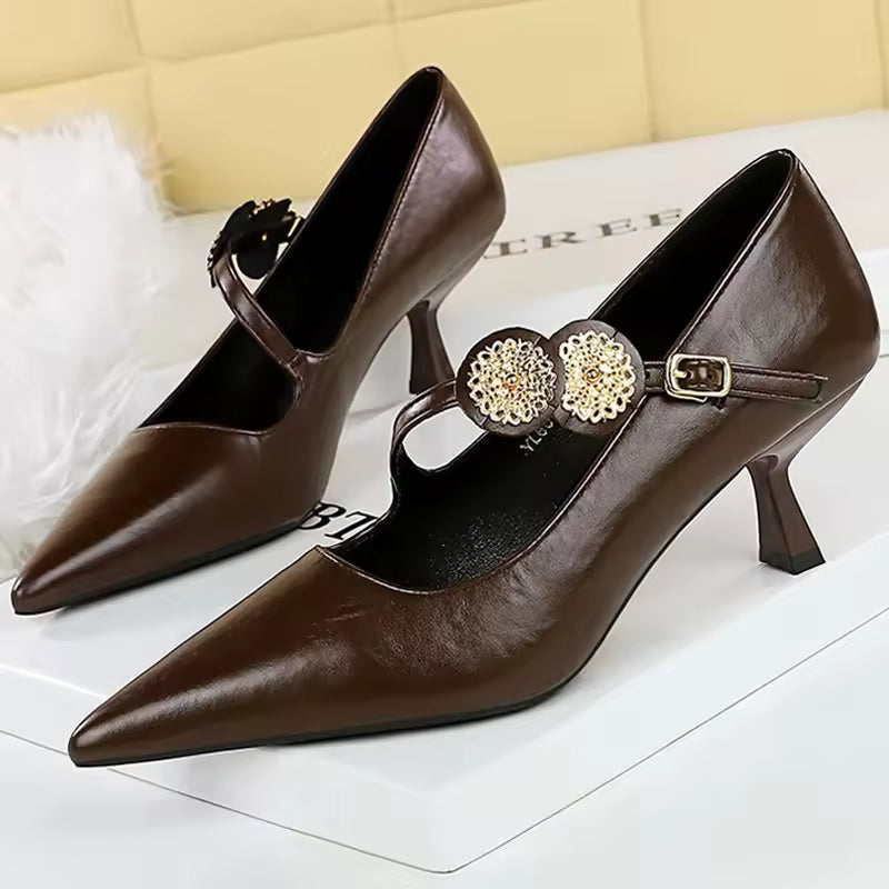 Banquet Buckle Strap Metal Decoration Kitten High Heels Pumps