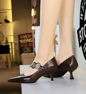 Banquet Buckle Strap Metal Decoration Kitten High Heels Pumps