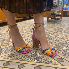 Blocking Designer Twist Woven Thick With High Heel Sandals