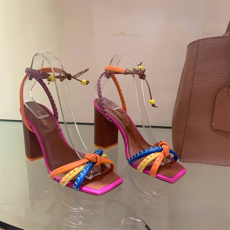 Blocking Designer Twist Woven Thick With High Heel Sandals