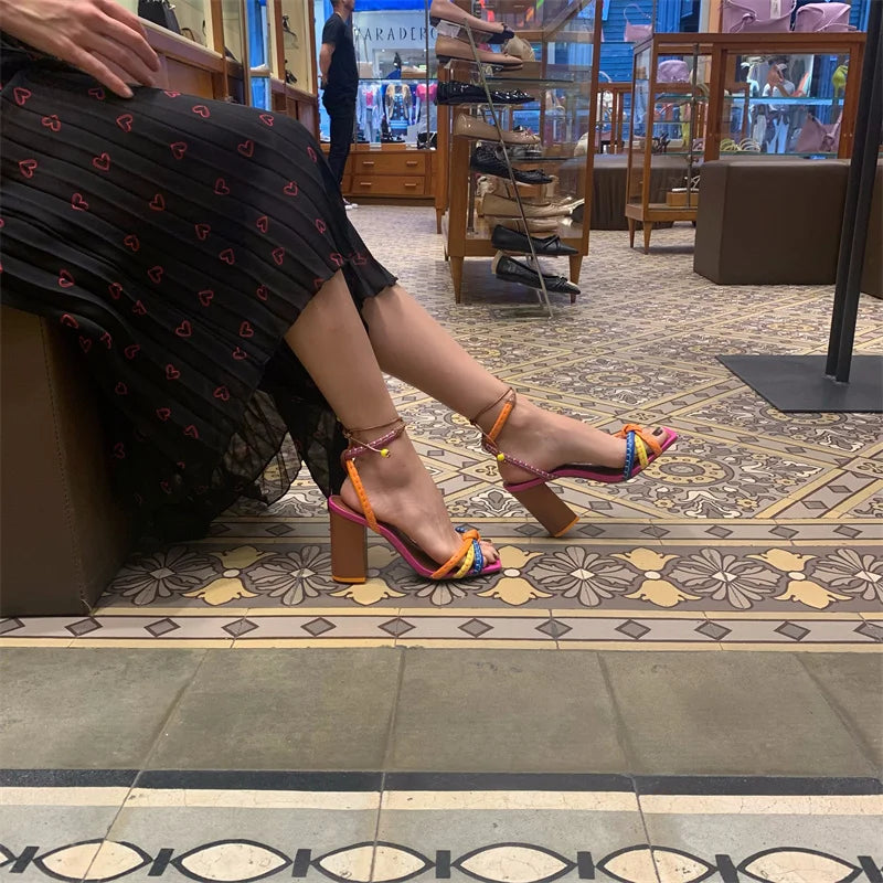Blocking Designer Twist Woven Thick With High Heel Sandals