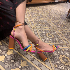Blocking Designer Twist Woven Thick With High Heel Sandals