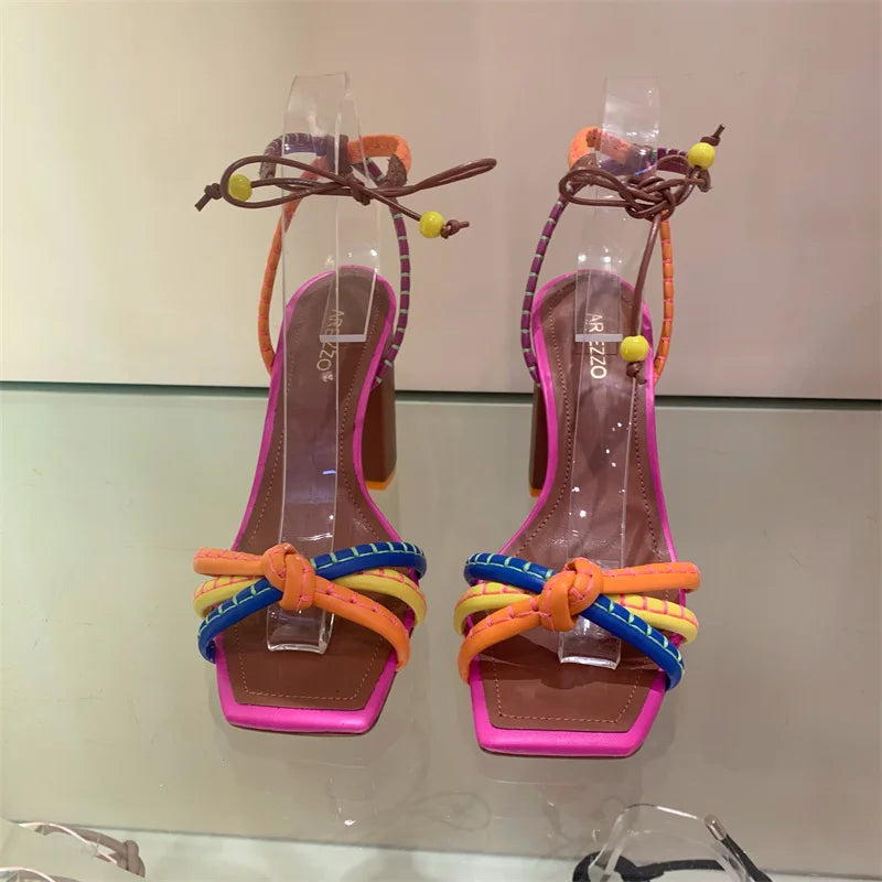 Blocking Designer Twist Woven Thick With High Heel Sandals