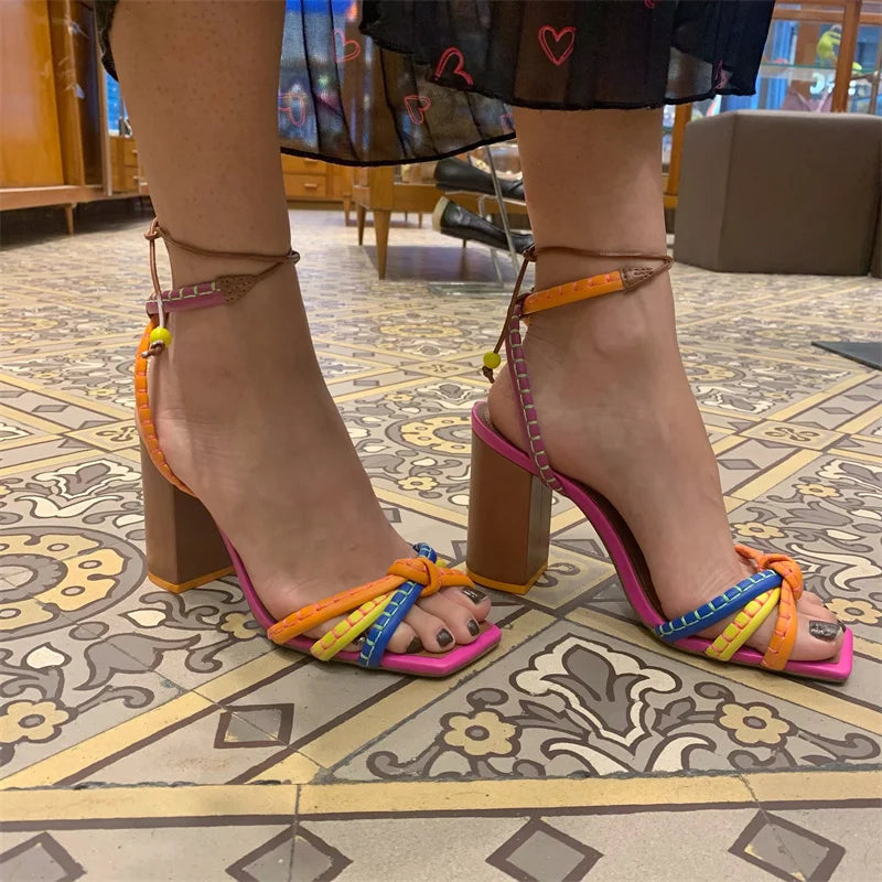 Blocking Designer Twist Woven Thick With High Heel Sandals