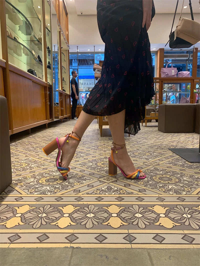 Blocking Designer Twist Woven Thick With High Heel Sandals