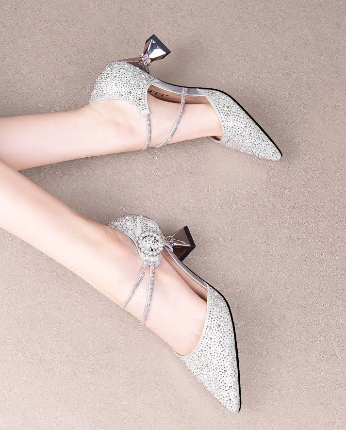 Breathable Rhinestones Designer Pointed Toe High Heels Sandals