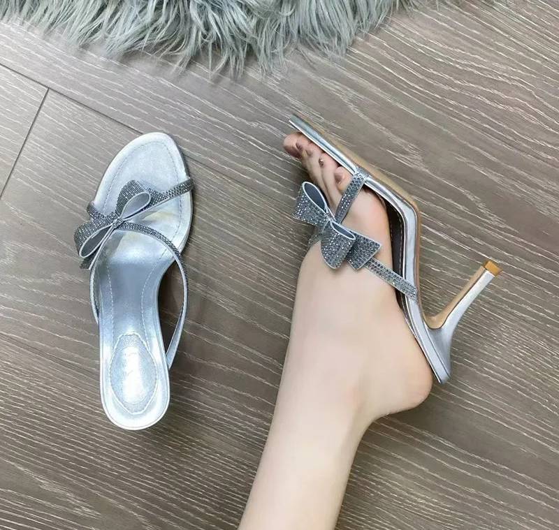 Crystal Rhinestones Bowknot Narrow Band Stiletto High Heels Sandals
