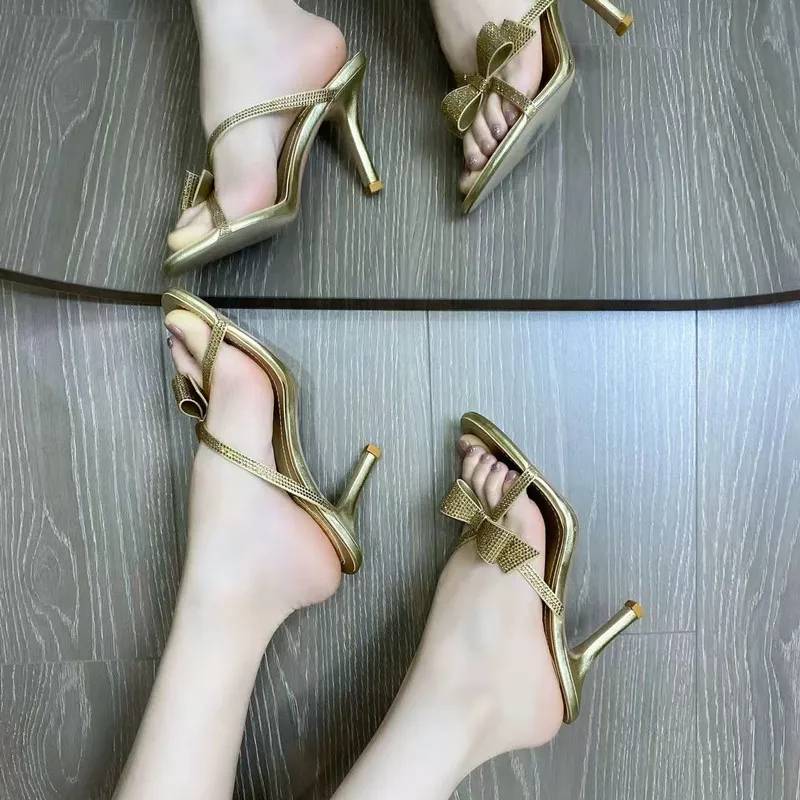 Crystal Rhinestones Bowknot Narrow Band Stiletto High Heels Sandals