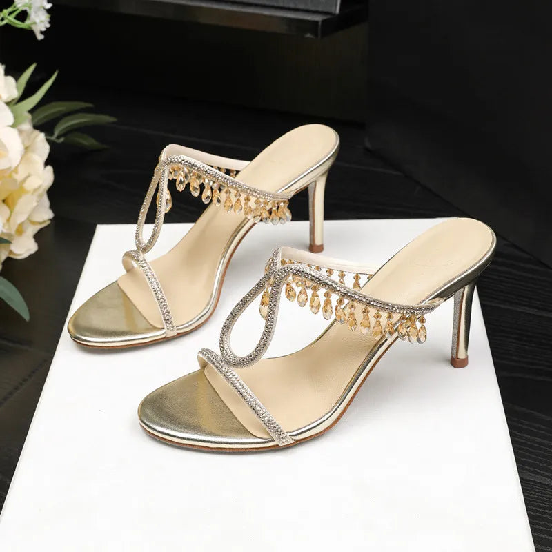 Crystal Rhinestones  Pendant Narrow Band High Heels Sandals