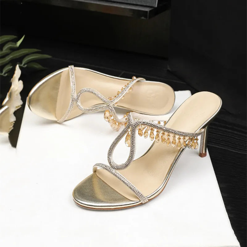 Crystal Rhinestones  Pendant Narrow Band High Heels Sandals