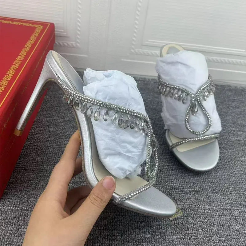 Crystal Rhinestones  Pendant Narrow Band High Heels Sandals