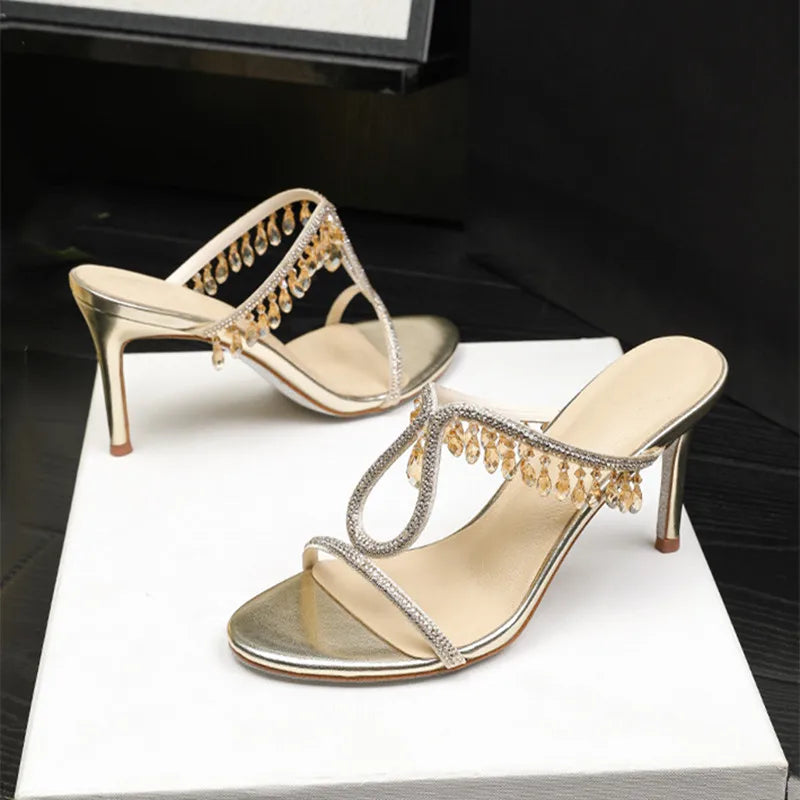 Crystal Rhinestones  Pendant Narrow Band High Heels Sandals
