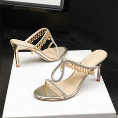 Crystal Rhinestones  Pendant Narrow Band High Heels Sandals
