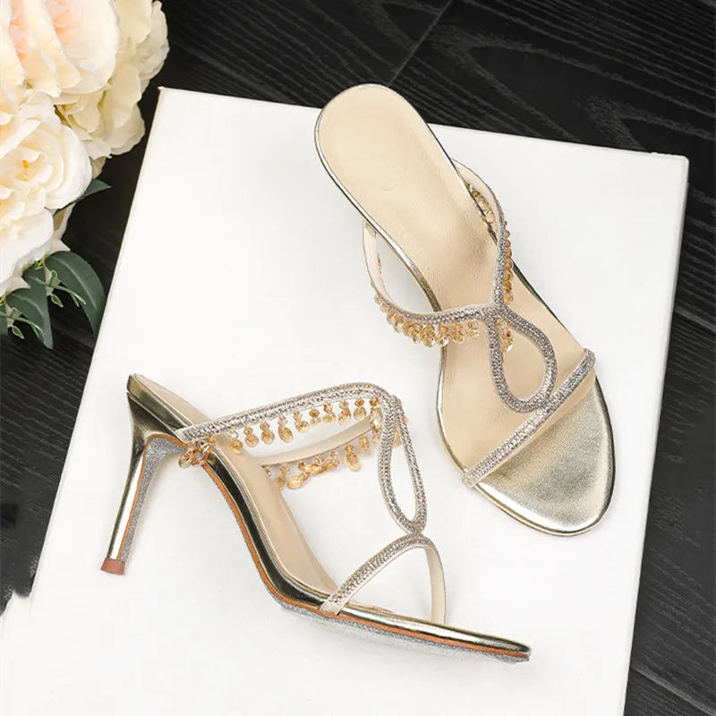 Crystal Rhinestones  Pendant Narrow Band High Heels Sandals